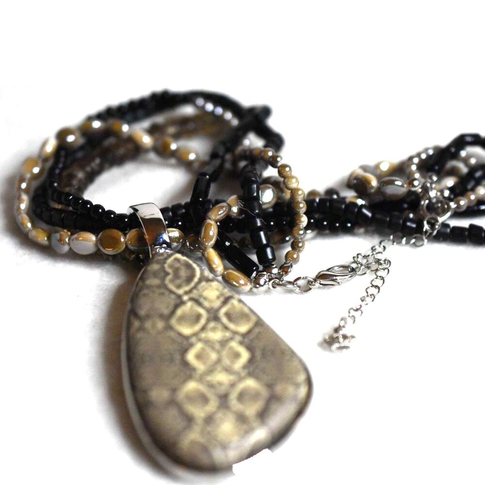NWOT Premier Designs Rich & Famous Faux Snake Skin Black/Tan 4 Layer16" Necklace
